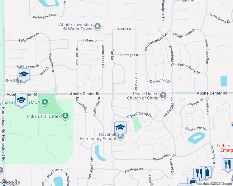map of restaurants, bars, coffee shops, grocery stores, and more near 9633 Wolf River Place in Fort Wayne
