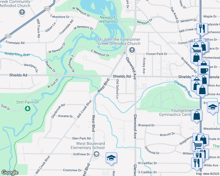 map of restaurants, bars, coffee shops, grocery stores, and more near 421 Old Shay Lane in Youngstown