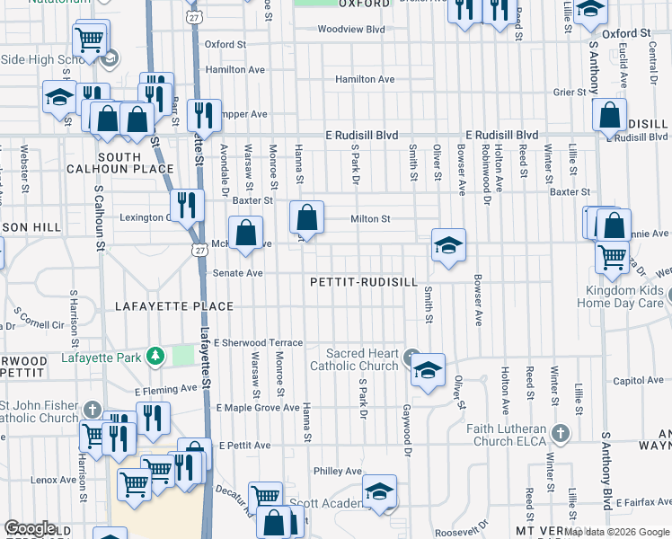 map of restaurants, bars, coffee shops, grocery stores, and more near 4329 Weisser Park Avenue in Fort Wayne