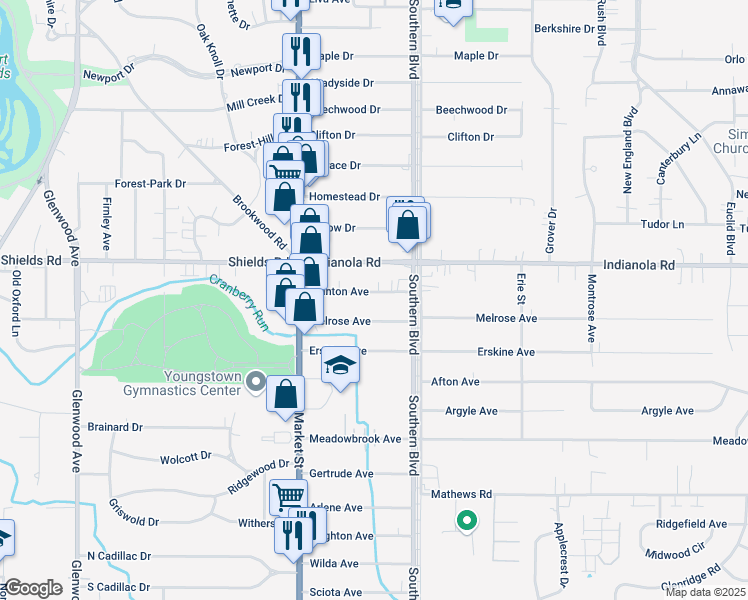 map of restaurants, bars, coffee shops, grocery stores, and more near 69 Melrose Avenue in Youngstown