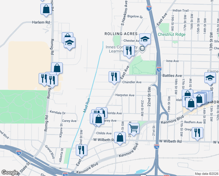 map of restaurants, bars, coffee shops, grocery stores, and more near 1267 Harpster Avenue in Akron