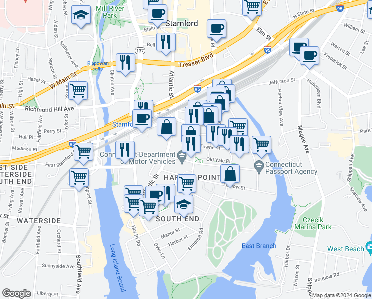 map of restaurants, bars, coffee shops, grocery stores, and more near 68 Garden Street in Stamford