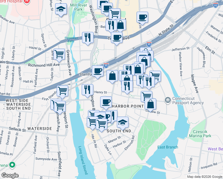 map of restaurants, bars, coffee shops, grocery stores, and more near 717 Atlantic Street in Stamford