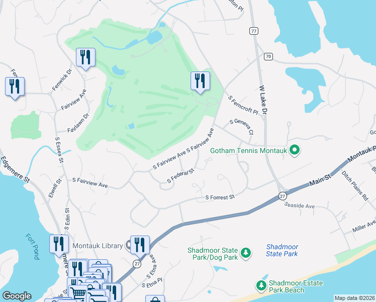 map of restaurants, bars, coffee shops, grocery stores, and more near 94 South Fairview Avenue in Montauk