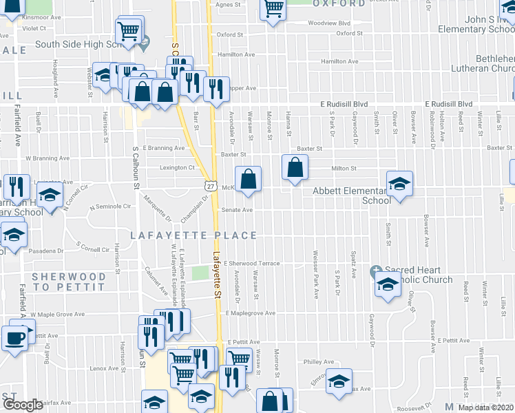 map of restaurants, bars, coffee shops, grocery stores, and more near 4329 Warsaw Street in Fort Wayne