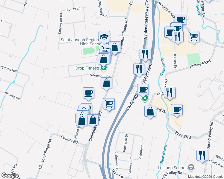 map of restaurants, bars, coffee shops, grocery stores, and more near 580 Chestnut Ridge Road in Woodcliff Lake