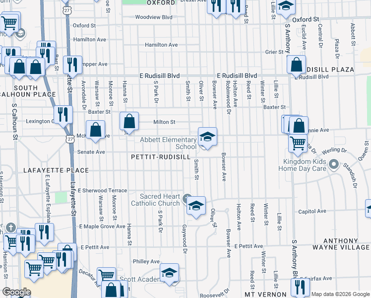 map of restaurants, bars, coffee shops, grocery stores, and more near 1034 McKinnie Avenue in Fort Wayne