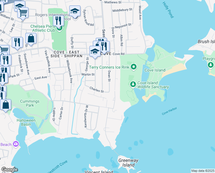 map of restaurants, bars, coffee shops, grocery stores, and more near 85 Dean Street in Stamford
