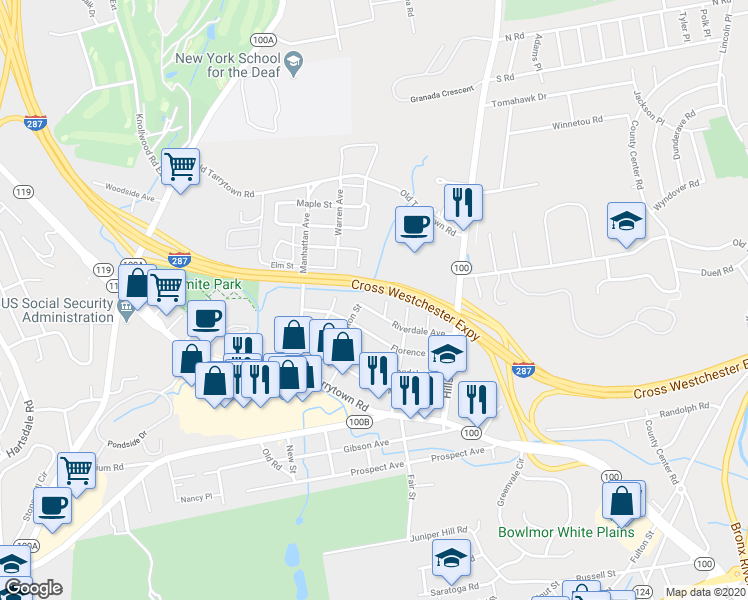 map of restaurants, bars, coffee shops, grocery stores, and more near 20 Chester Place in White Plains