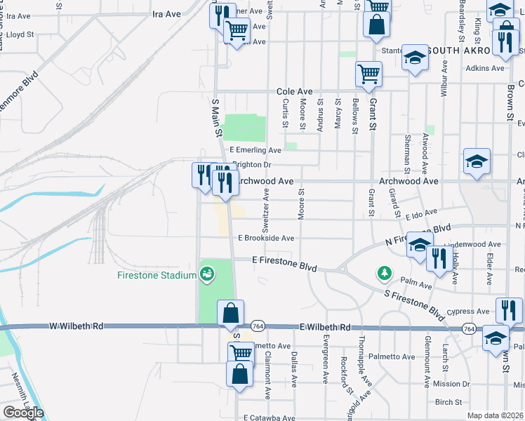 map of restaurants, bars, coffee shops, grocery stores, and more near 65 East Mapledale Avenue in Akron