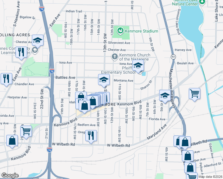 map of restaurants, bars, coffee shops, grocery stores, and more near 2114 12th Street Southwest in Akron