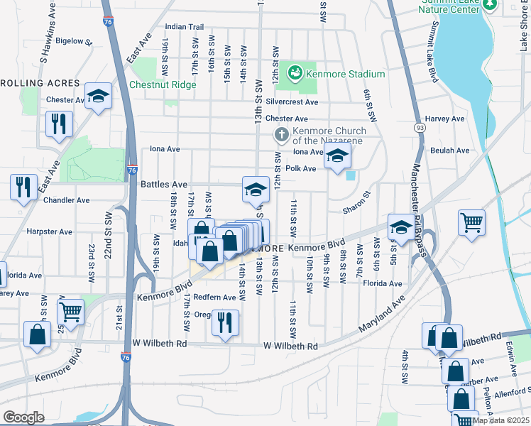 map of restaurants, bars, coffee shops, grocery stores, and more near 2114 12th Street Southwest in Akron