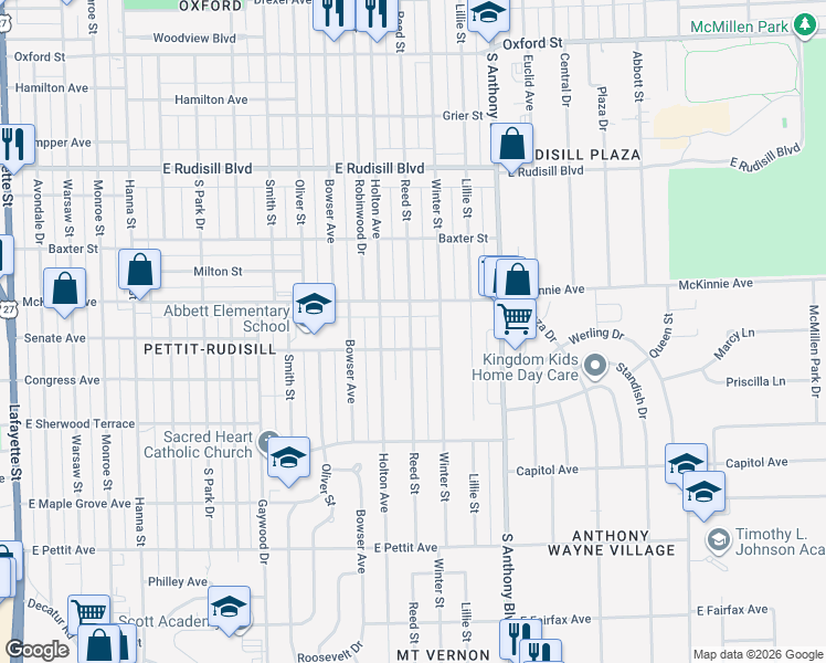 map of restaurants, bars, coffee shops, grocery stores, and more near 1516 McKinnie Avenue in Fort Wayne