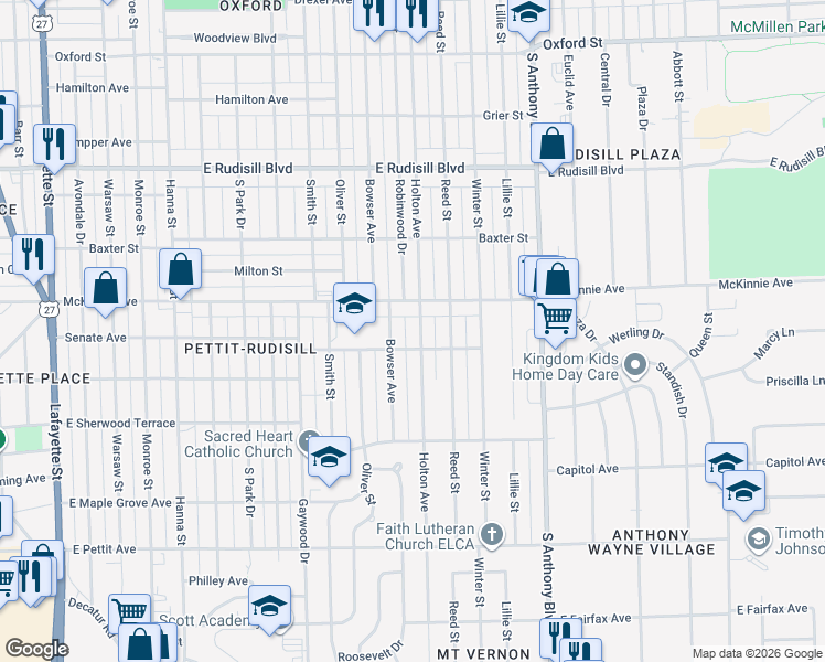 map of restaurants, bars, coffee shops, grocery stores, and more near 1302 McKinnie Avenue in Fort Wayne