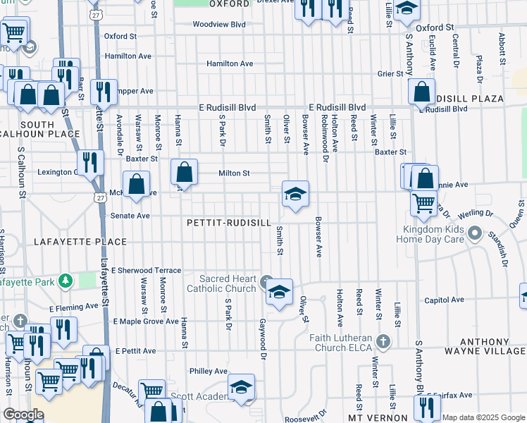 map of restaurants, bars, coffee shops, grocery stores, and more near 1034 McKinnie Avenue in Fort Wayne