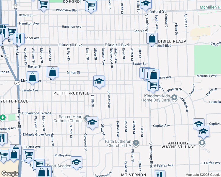 map of restaurants, bars, coffee shops, grocery stores, and more near 4327 Bowser Avenue in Fort Wayne