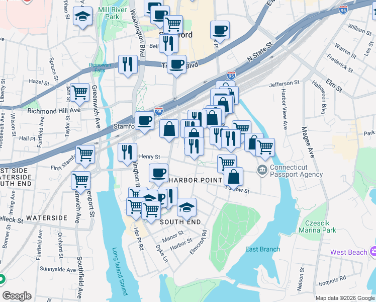 map of restaurants, bars, coffee shops, grocery stores, and more near 68 Garden Street in Stamford