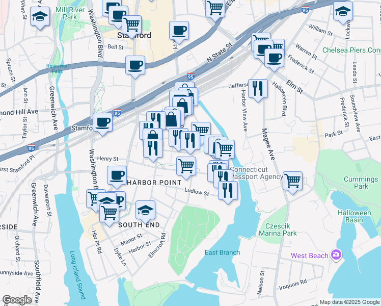 map of restaurants, bars, coffee shops, grocery stores, and more near 120 Towne Street in Stamford