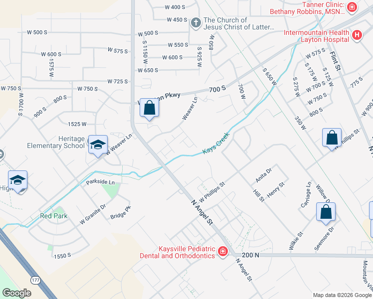 map of restaurants, bars, coffee shops, grocery stores, and more near 1048 South Old Towne Road in Layton