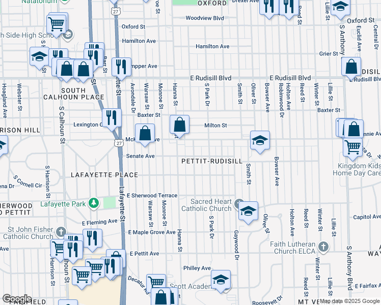 map of restaurants, bars, coffee shops, grocery stores, and more near 4324 Weisser Park Avenue in Fort Wayne