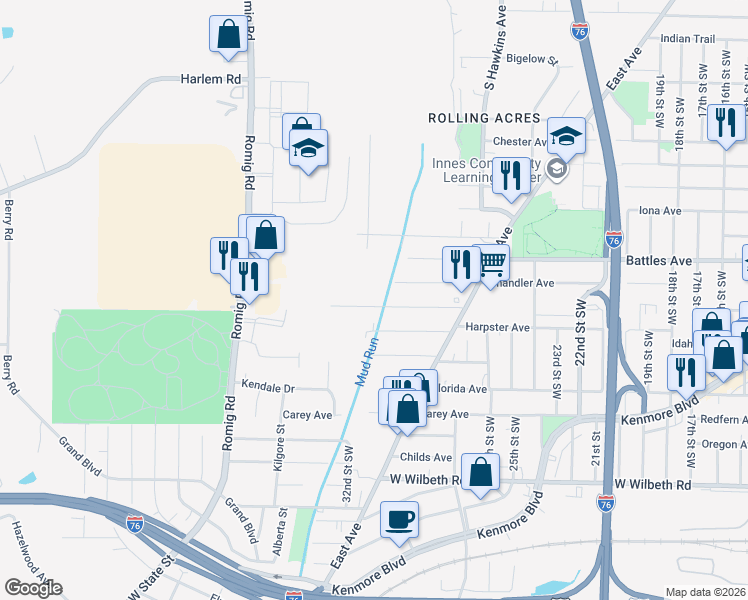 map of restaurants, bars, coffee shops, grocery stores, and more near 1341 Kellogg Avenue in Akron