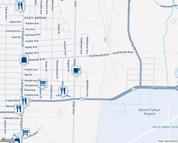 map of restaurants, bars, coffee shops, grocery stores, and more near 671 Baltimore Avenue in Akron