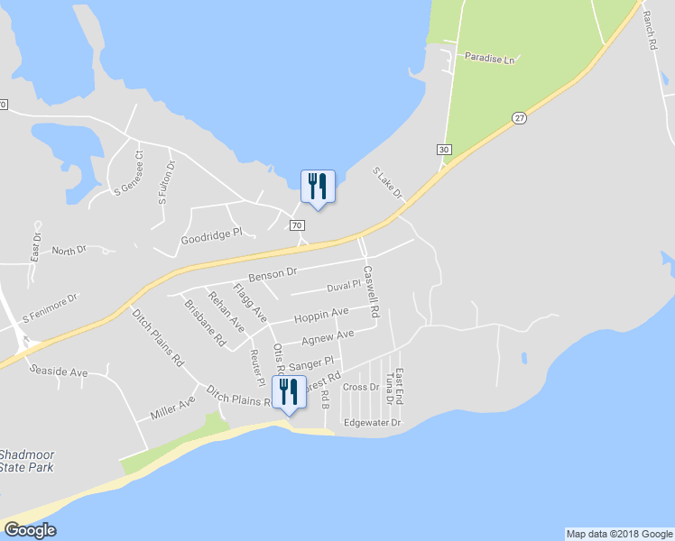 map of restaurants, bars, coffee shops, grocery stores, and more near 88 Benson Drive in Montauk