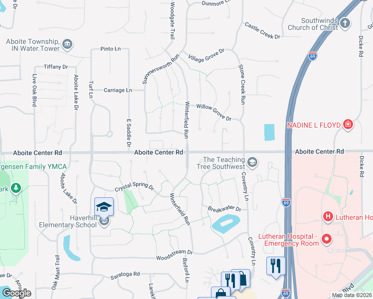 map of restaurants, bars, coffee shops, grocery stores, and more near Winterfield Run in Fort Wayne