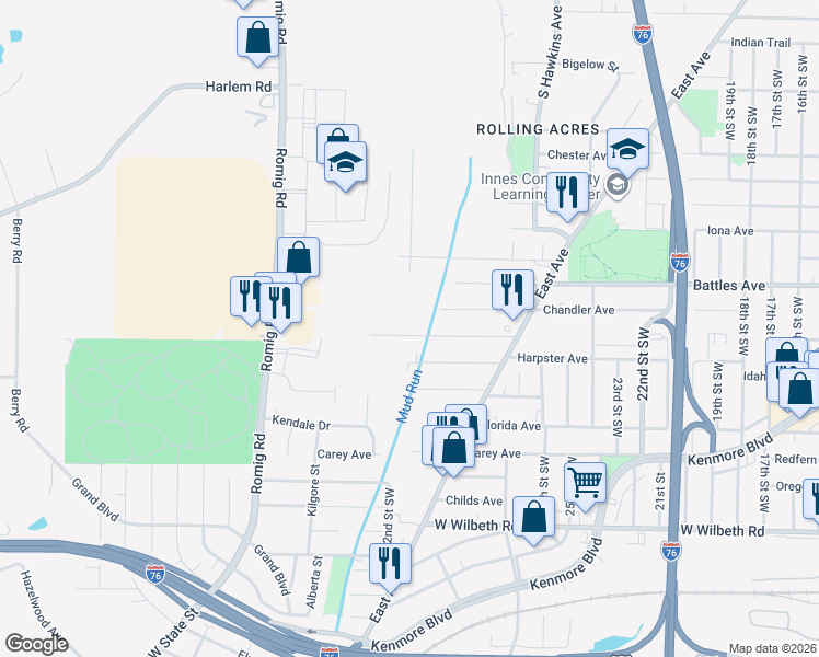 map of restaurants, bars, coffee shops, grocery stores, and more near 1341 Kellogg Avenue in Akron