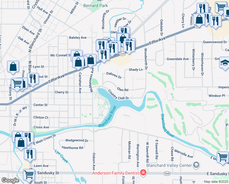 map of restaurants, bars, coffee shops, grocery stores, and more near 1114 Country Club Drive in Findlay