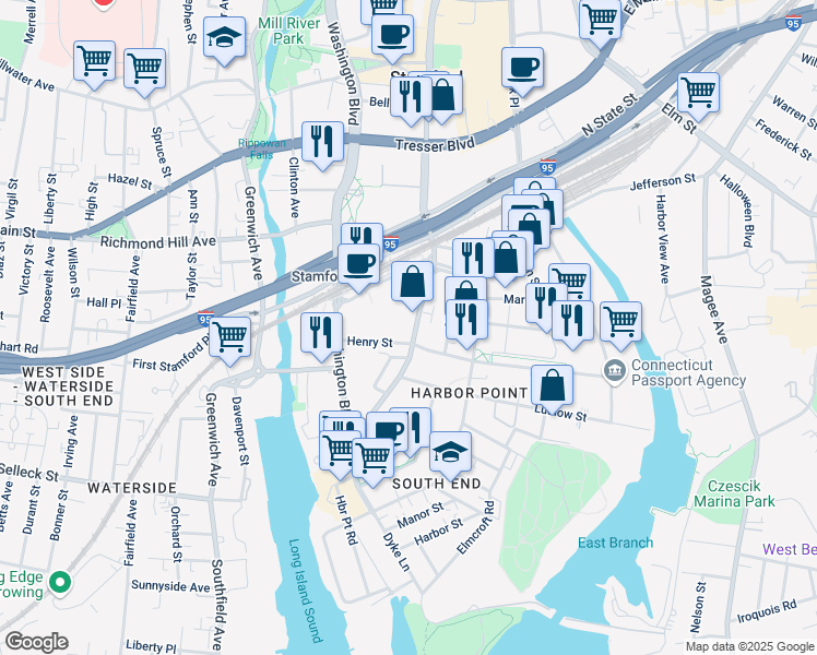 map of restaurants, bars, coffee shops, grocery stores, and more near 717 Atlantic Street in Stamford