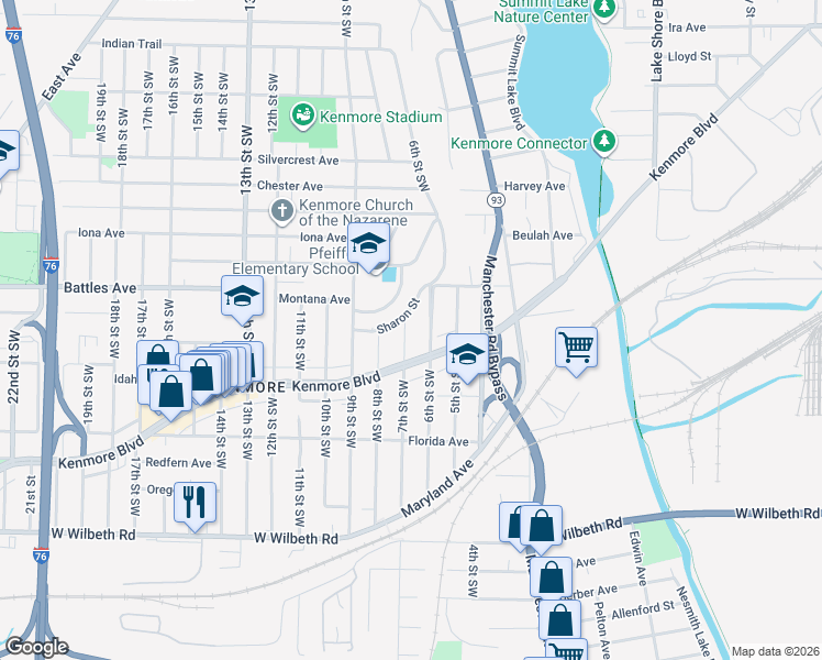 map of restaurants, bars, coffee shops, grocery stores, and more near 2137 7th Street Southwest in Akron