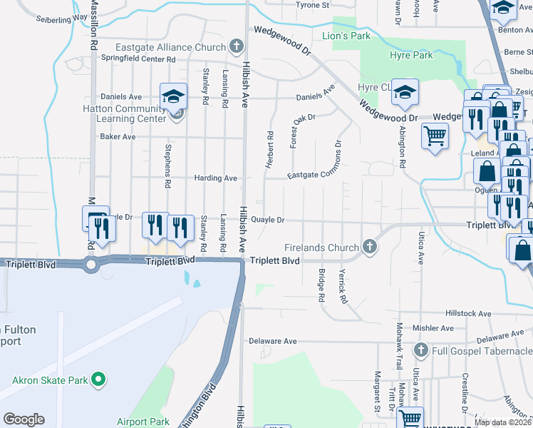 map of restaurants, bars, coffee shops, grocery stores, and more near 586 Herbert Road in Akron
