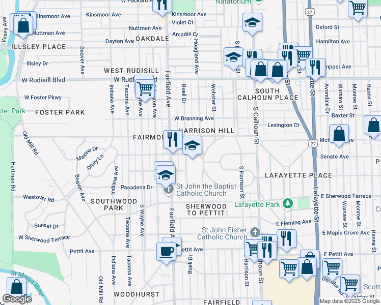 map of restaurants, bars, coffee shops, grocery stores, and more near 420 Maxine Drive in Fort Wayne