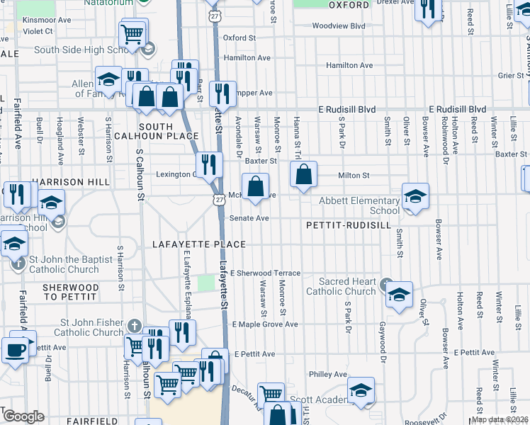 map of restaurants, bars, coffee shops, grocery stores, and more near 4325 Warsaw Street in Fort Wayne