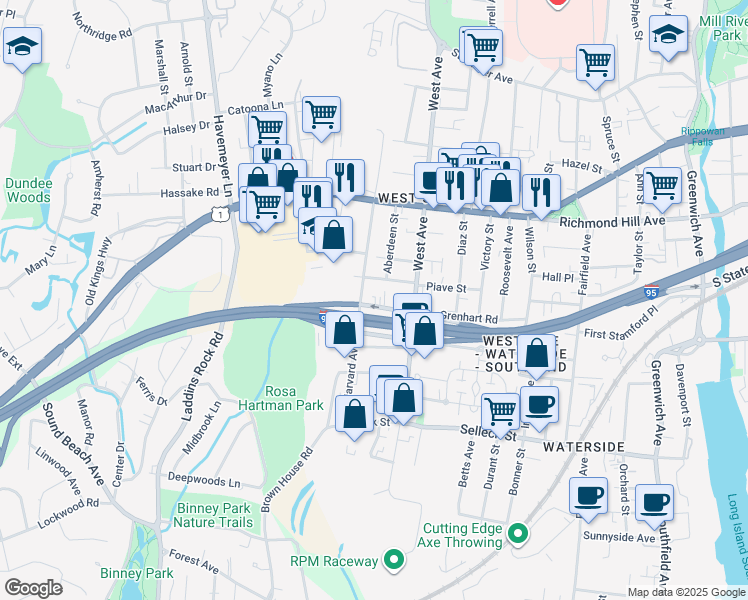 map of restaurants, bars, coffee shops, grocery stores, and more near 39 Ferris Avenue in Stamford