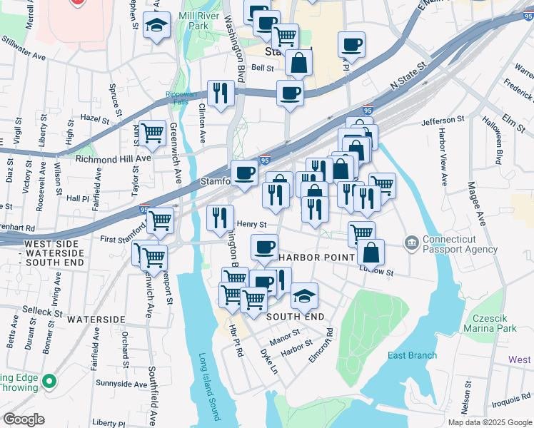 map of restaurants, bars, coffee shops, grocery stores, and more near 669 Atlantic Street in Stamford