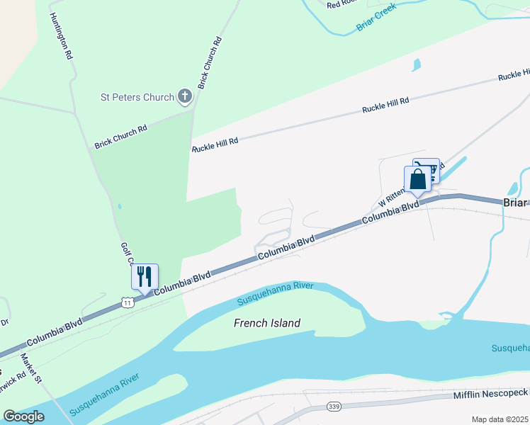 map of restaurants, bars, coffee shops, grocery stores, and more near 7465 Columbia Boulevard in Berwick