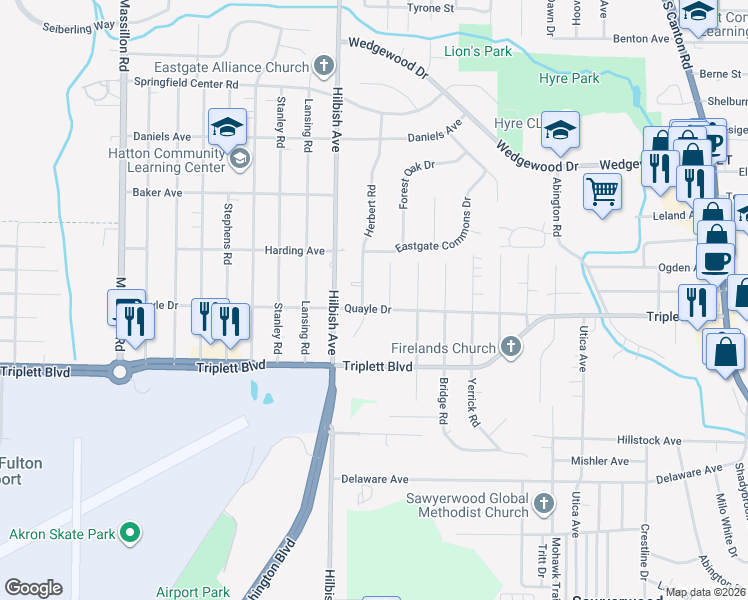 map of restaurants, bars, coffee shops, grocery stores, and more near 608 Ingalls Road in Akron