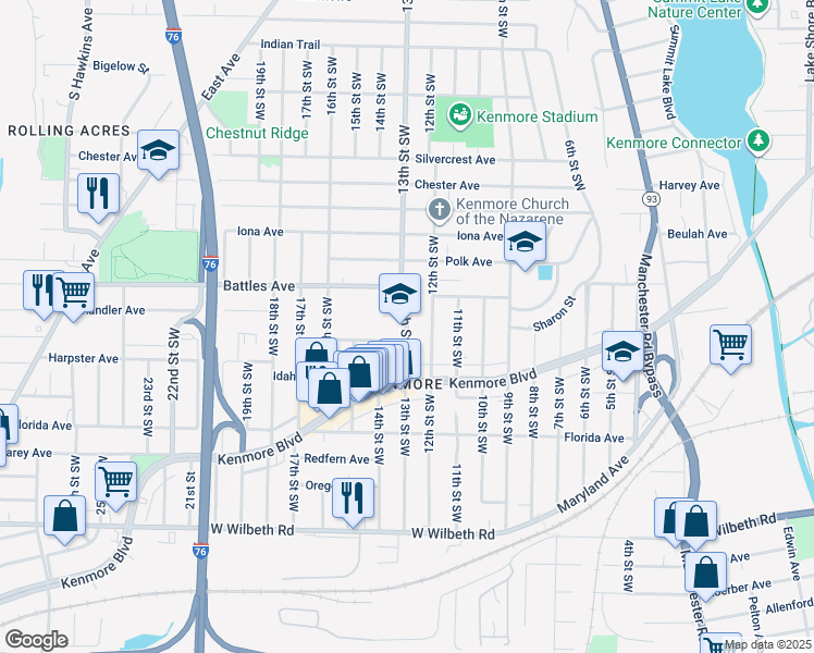 map of restaurants, bars, coffee shops, grocery stores, and more near 2140 13th Street Southwest in Akron