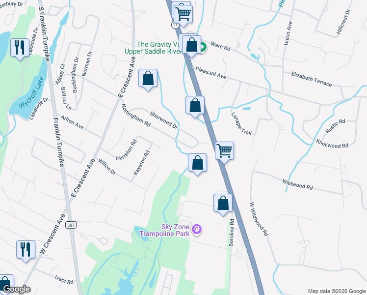 map of restaurants, bars, coffee shops, grocery stores, and more near 259 Nottingham Road in Ramsey