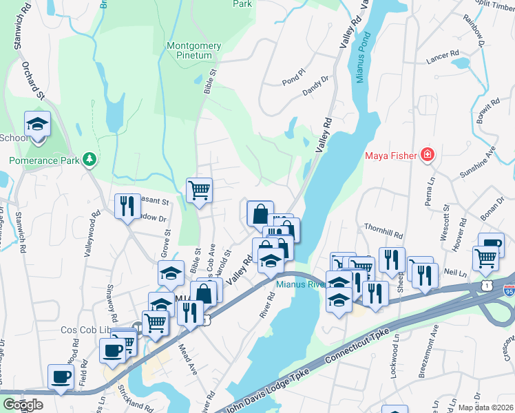 map of restaurants, bars, coffee shops, grocery stores, and more near 4 Lia Fail Way in Greenwich