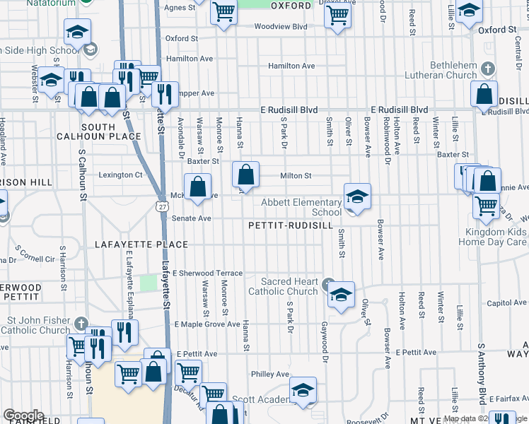 map of restaurants, bars, coffee shops, grocery stores, and more near 4328 Weisser Park Avenue in Fort Wayne