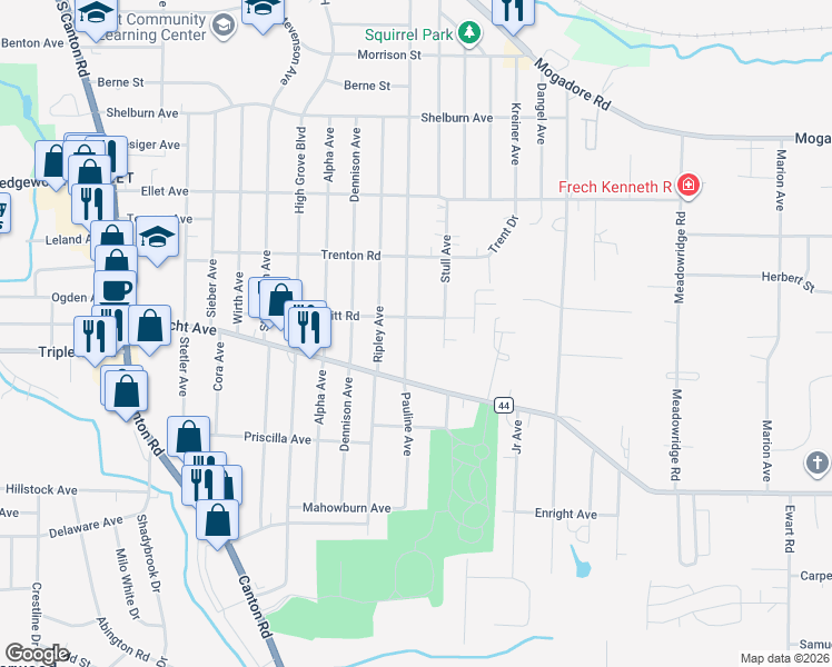 map of restaurants, bars, coffee shops, grocery stores, and more near 401 Pauline Avenue in Akron