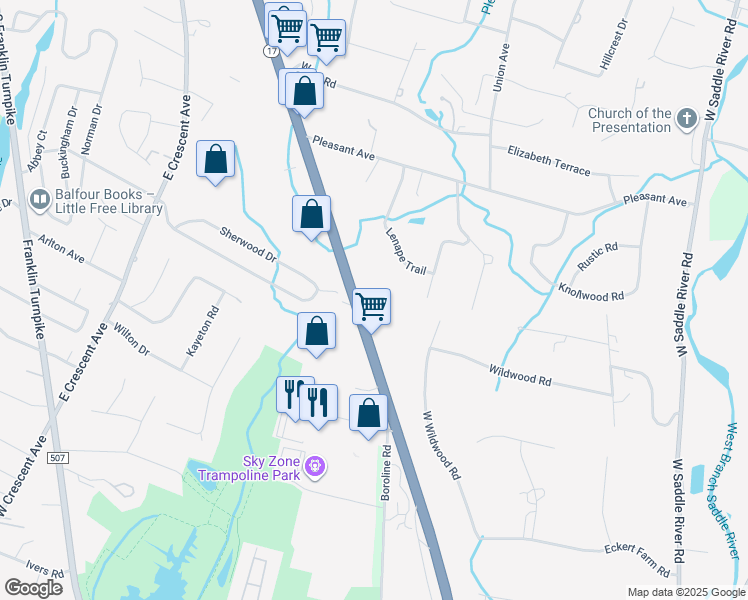 map of restaurants, bars, coffee shops, grocery stores, and more near 100 New Jersey 17 in Upper Saddle River