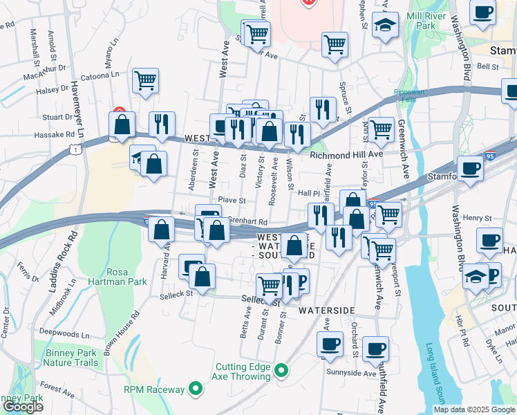 map of restaurants, bars, coffee shops, grocery stores, and more near 63 Victory Street in Stamford