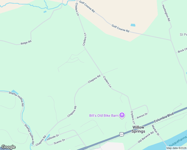 map of restaurants, bars, coffee shops, grocery stores, and more near 7155 Chapins Road in Bloomsburg
