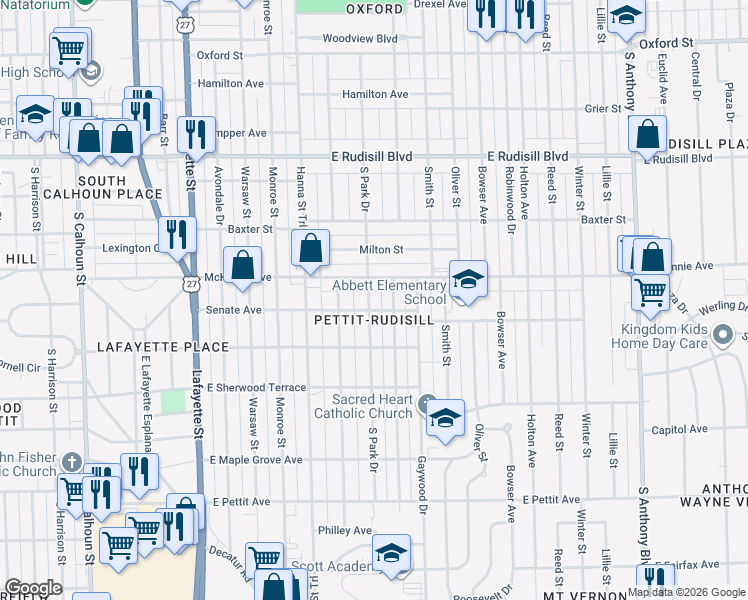 map of restaurants, bars, coffee shops, grocery stores, and more near 4302 South Park Drive in Fort Wayne