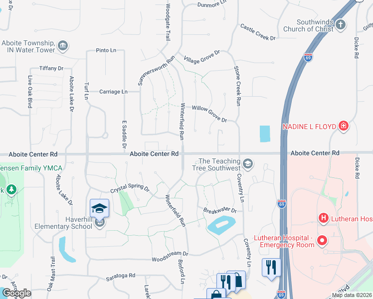 map of restaurants, bars, coffee shops, grocery stores, and more near 4129 Winterfield Run in Fort Wayne
