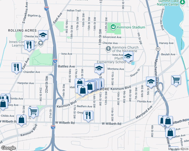map of restaurants, bars, coffee shops, grocery stores, and more near 2140 13th Street Southwest in Akron